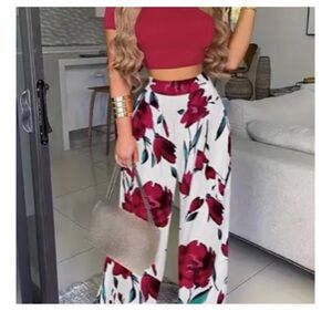 Red top and Floral Wide-Leg Pants - Red and White